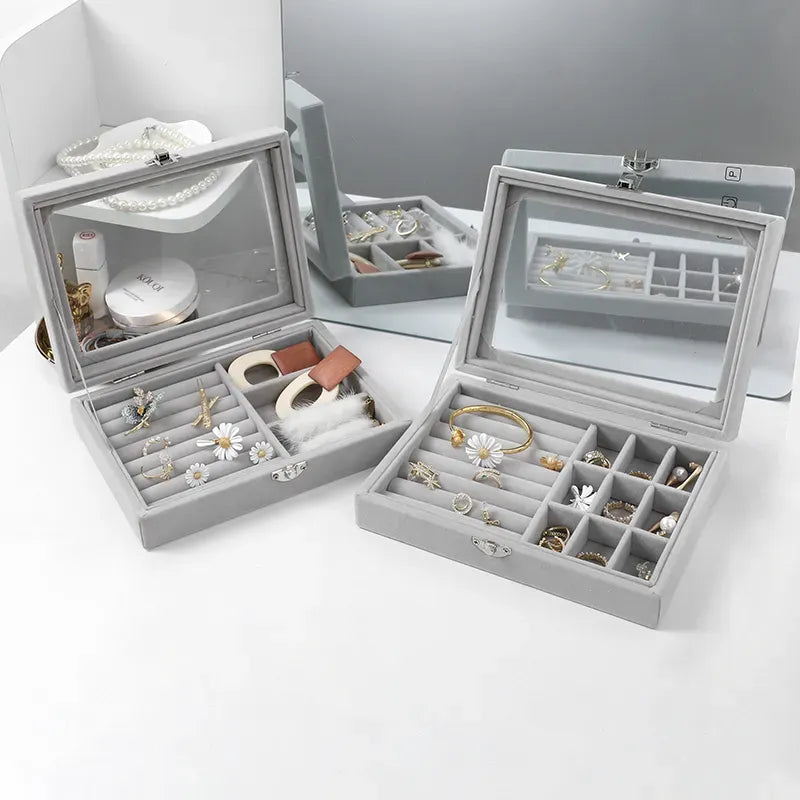 Velvet Carrying Case with Glass Cover Jewelry Ring Display Box