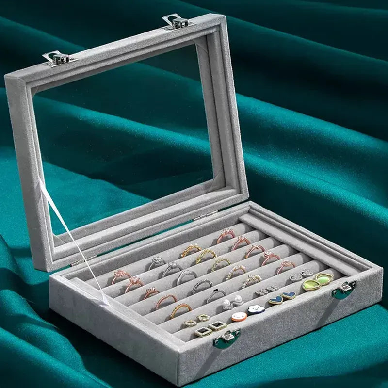 Velvet Carrying Case with Glass Cover Jewelry Ring Display Box