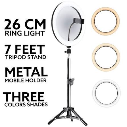 Portable 10-Inch LED Ring Light with 7 Feet Adjustable Tripod Stand & Mobile Holder | 3 Light Modes | Foldable 2 Feet
